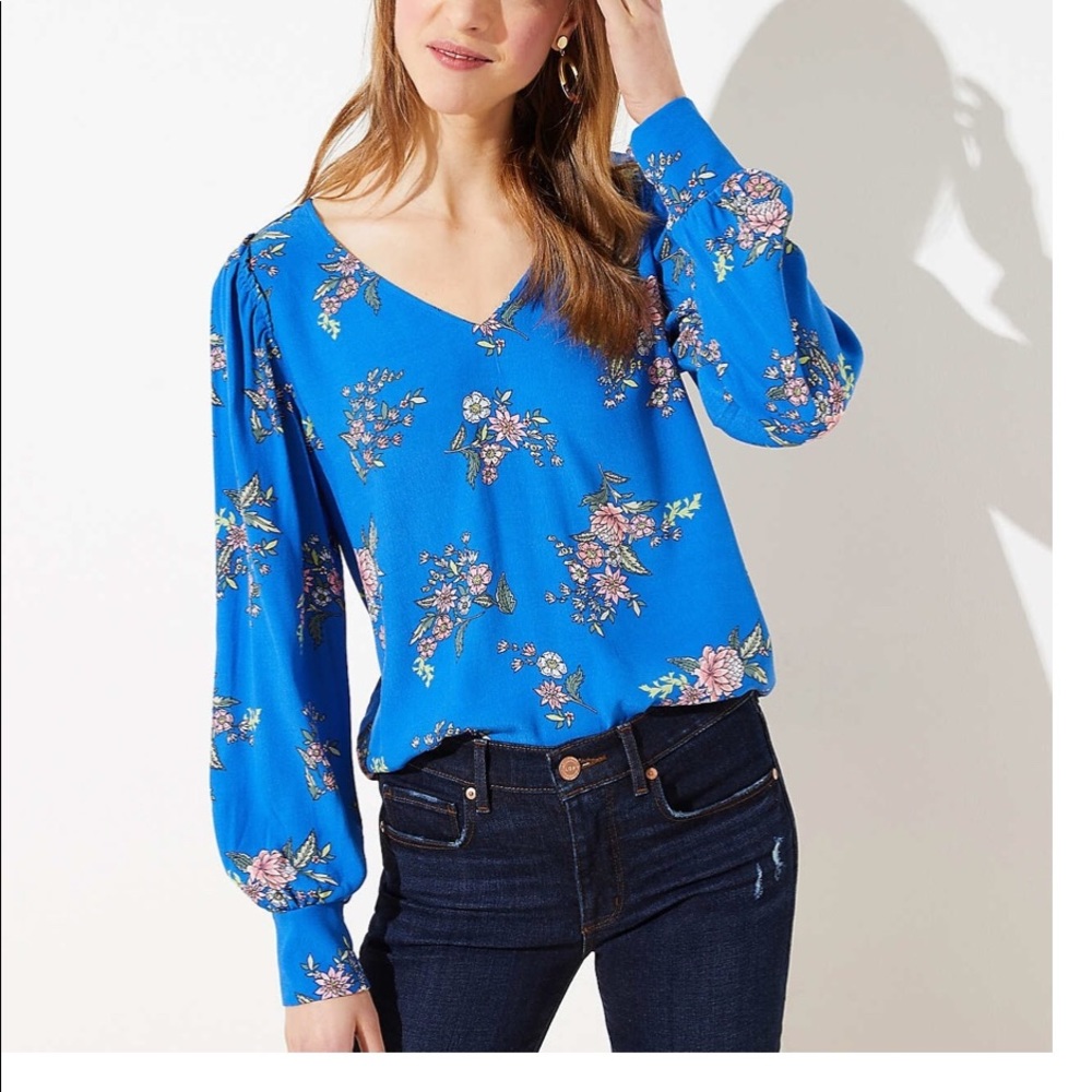 NWT Loft flora V neck puff sleeve blouse size XS petite - Picture 1 of 5